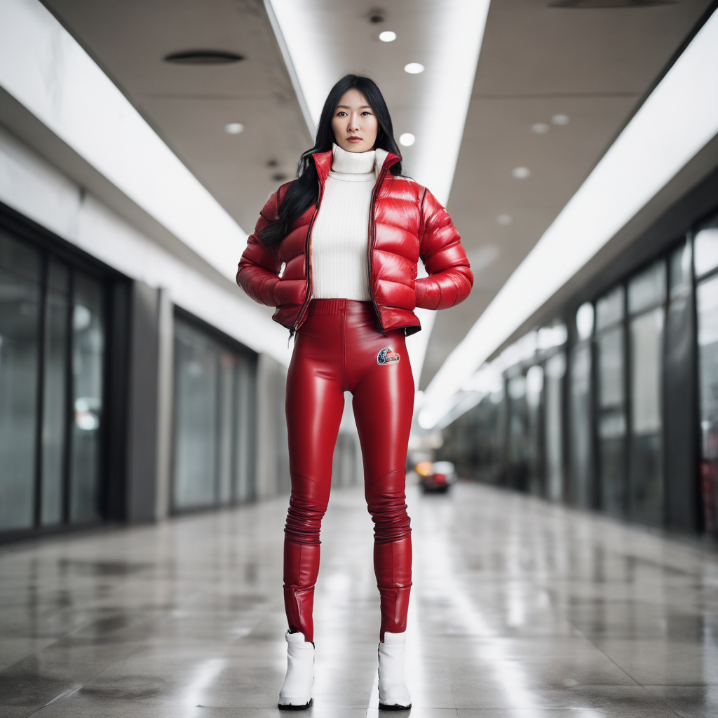 A japanese young teen girl with a beautiful face wearing a black leather  top with red pvc pants and knee boots - Playground