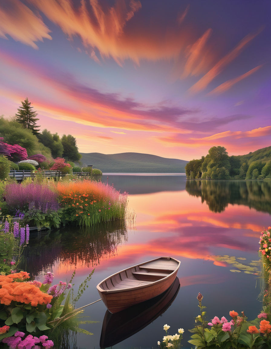 A serene sunset over a calm lake. - Playground