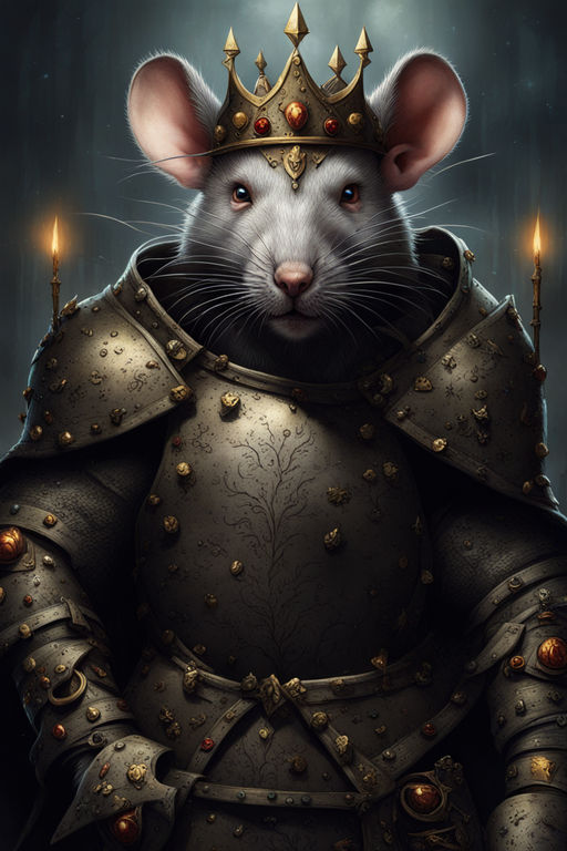 Medieval painting, realistic grey rat wearing a crown