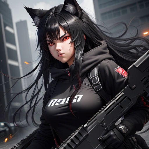 anime girl with black hair and cat ears