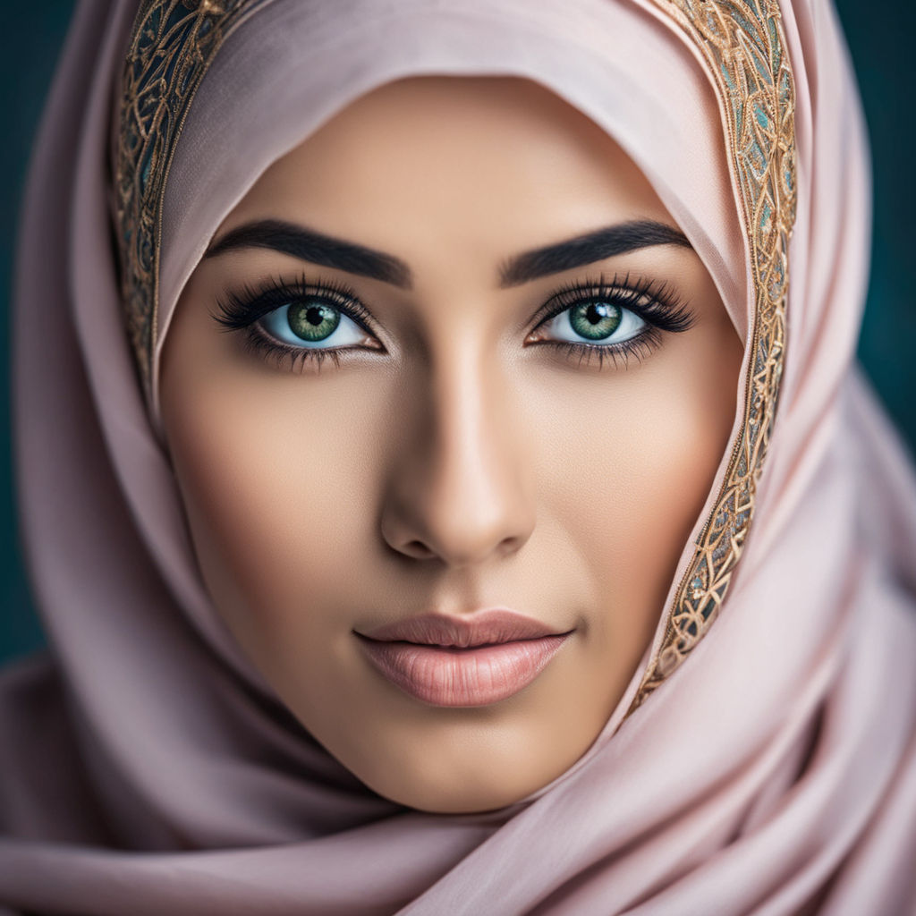 Girl,jojo bizare style,blue eyes, smile, green headscarf muslim