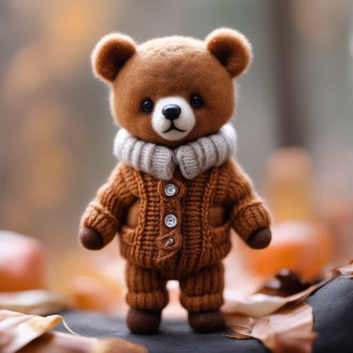 One of a kind brown teddy bear in a striped sweater