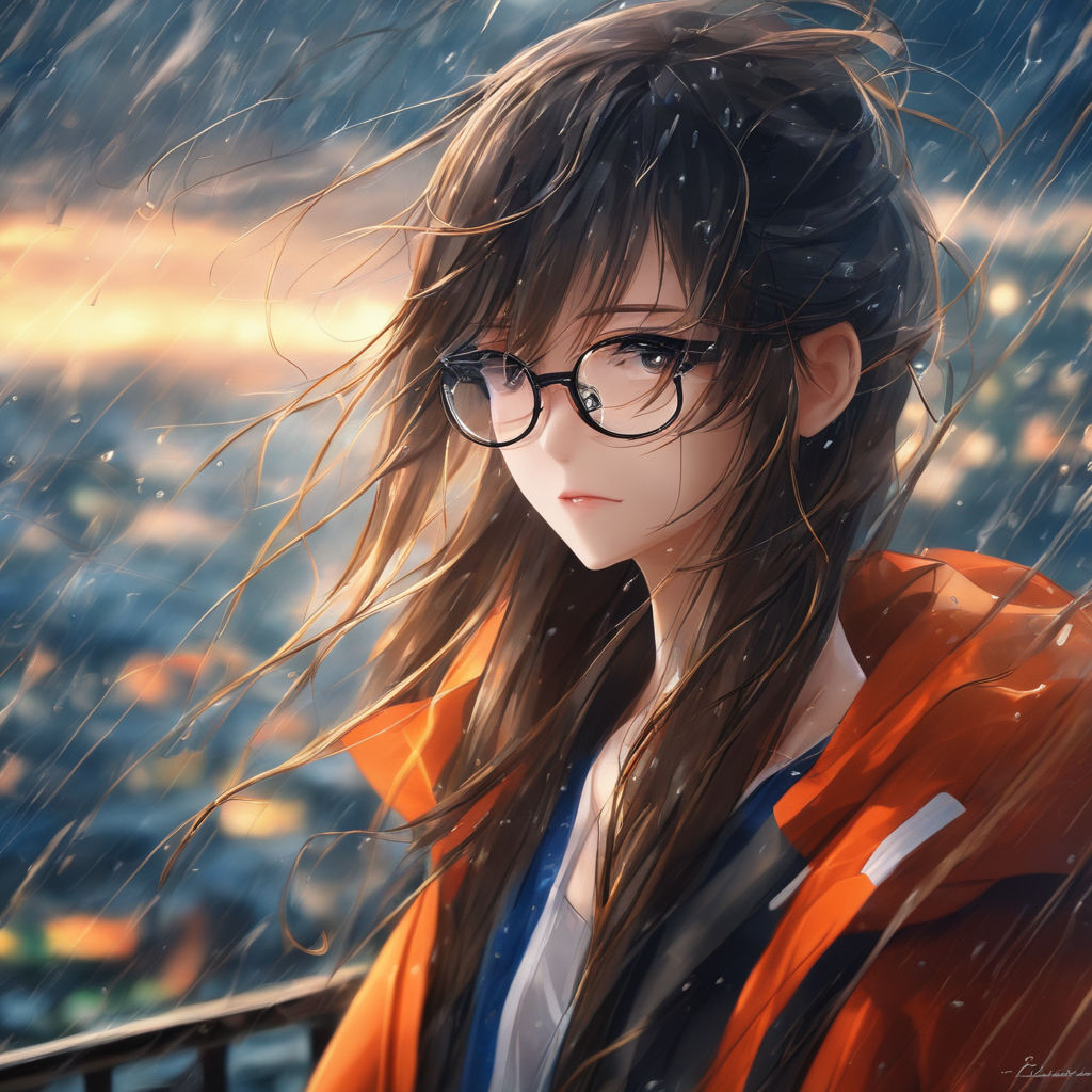 anime girl with red hair and glasses on her eyes her clothes are very  unusual and very attractive
