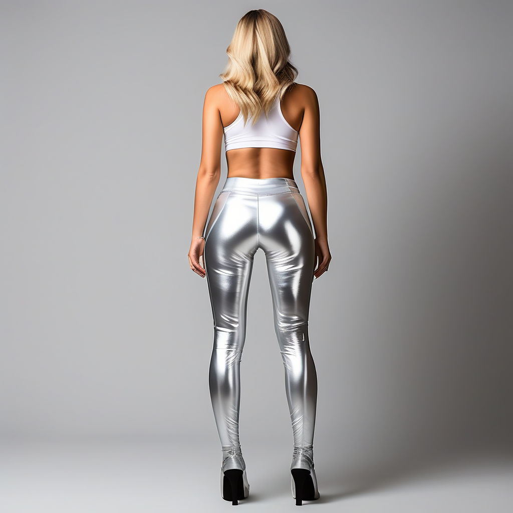 Women's High Waisted Silver Metallic Shiny Leggings with Long Legs