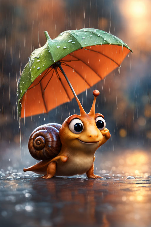 A cute snail in Pixar style whith umbrella in the rain