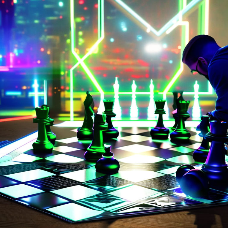 A futuristic chess board with neon lights and unique pieces against a  cosmological background