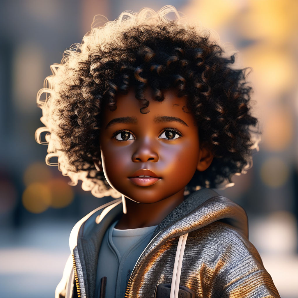 A cartoon drawing a child with dark skin, curly hair, and