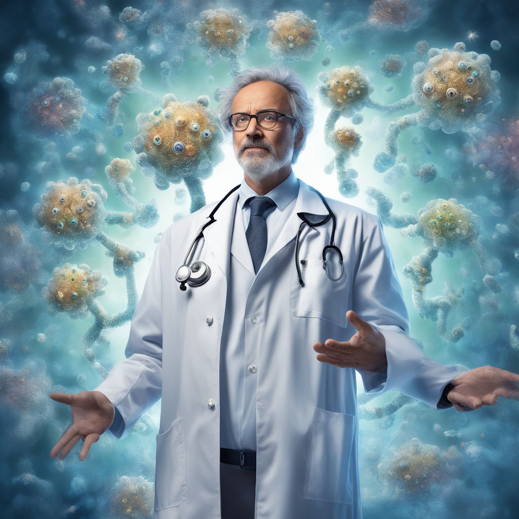 Prompt: A wise and compassionate doctor, wearing a white lab coat, a stethoscope draped around his neck, his eyes filled with empathy and knowledge, a sense of purpose radiating from him, standing tall and confident, above his head, a swirling array of bacteria, floating and dancing in the air, representing the invisible threats he faces, yet he is shielded by a strong, impenetrable forcefield, a shimmering barrier of protection surrounding him, creating a surreal and fantastical atmosphere, reminiscent of a Marvel superhero movie, the backdrop filled with futuristic technology, illuminated screens and advanced medical equipment, giving the scene a high-tech and otherworldly vibe, capturing the essence of a modern-day hero, using a state-of-the-art digital camera, with precise control over exposure and focus, a color grading technique adding a touch of cinematic flair, a wide-angle lens capturing the grandeur of the scene, the cinematography inspired by the visual style of Marvel films, directors: Joss Whedon, James Gunn, Ryan Coogler, cinematographers: Trent Opaloch, Ben Davis, Rachel Morrison, photographers: Mark Seliger, Annie Leibovitz, Clay Enos, fashion designers: Ruth E. Carter, Judianna Makovsky, Alexandra Byrne, an unexpected collaboration of talents, each bringing their own unique vision and expertise, resulting in a striking and larger-than-life image. —c 10 —ar 2:3