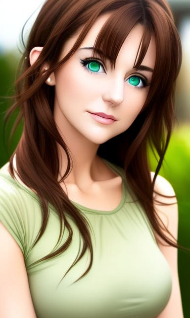Anime girl with green eyes and curly short brown hair