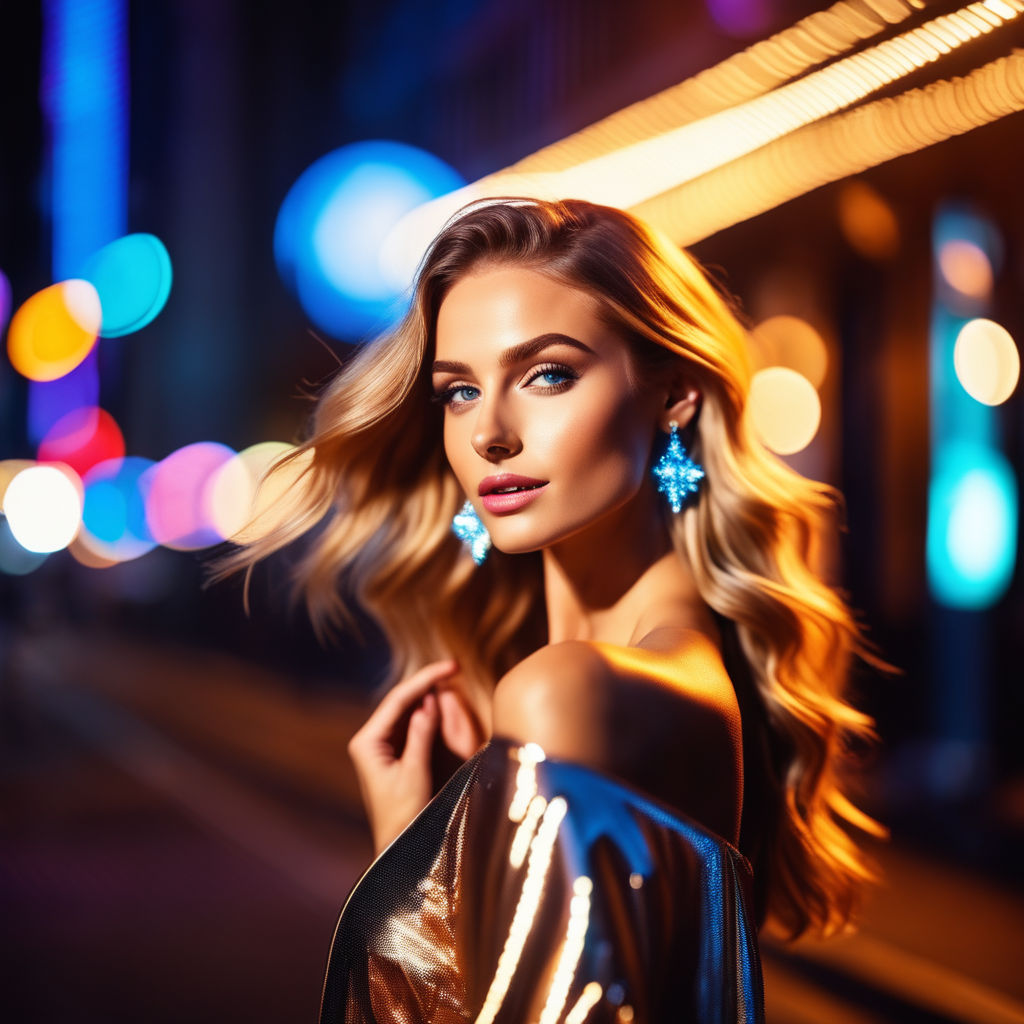 Stylish glamorous blonde woman in luxurious sparkling gold