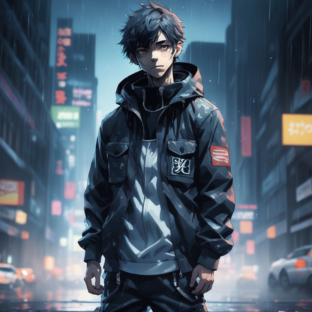 Anime eboy smoking in the rain