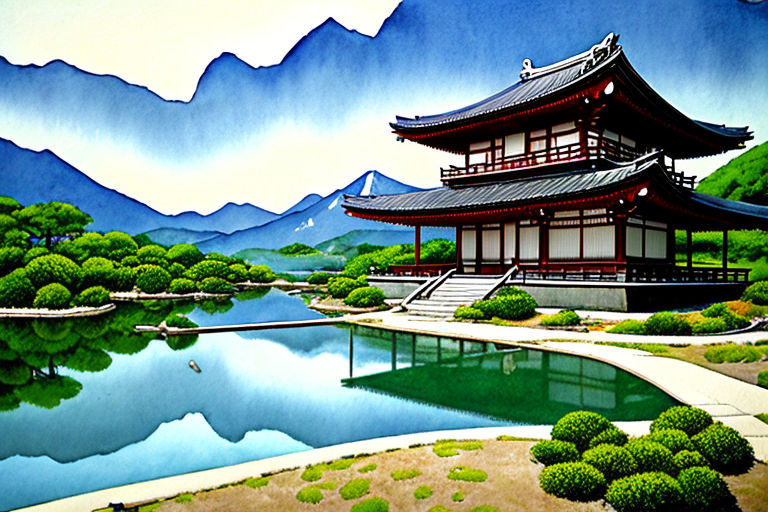 Premium AI Image | A sketch of a japanese building with a blue roof and a  pond in the background.