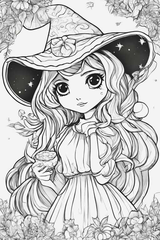 witch girl cartoon doodle kawaii anime coloring page cute