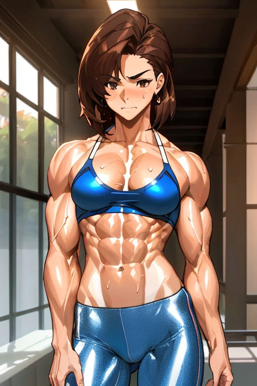 6-pack, abs, toned female, biceps, strong woman, big boobs, flexing,  muscles, muscular, anime girls, artwork, bikini