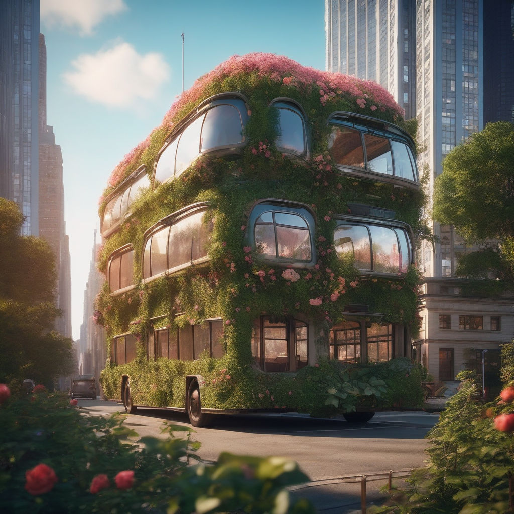 Double-deck tram, solarpunk, cityscape, urban, sustainable city, wideshot