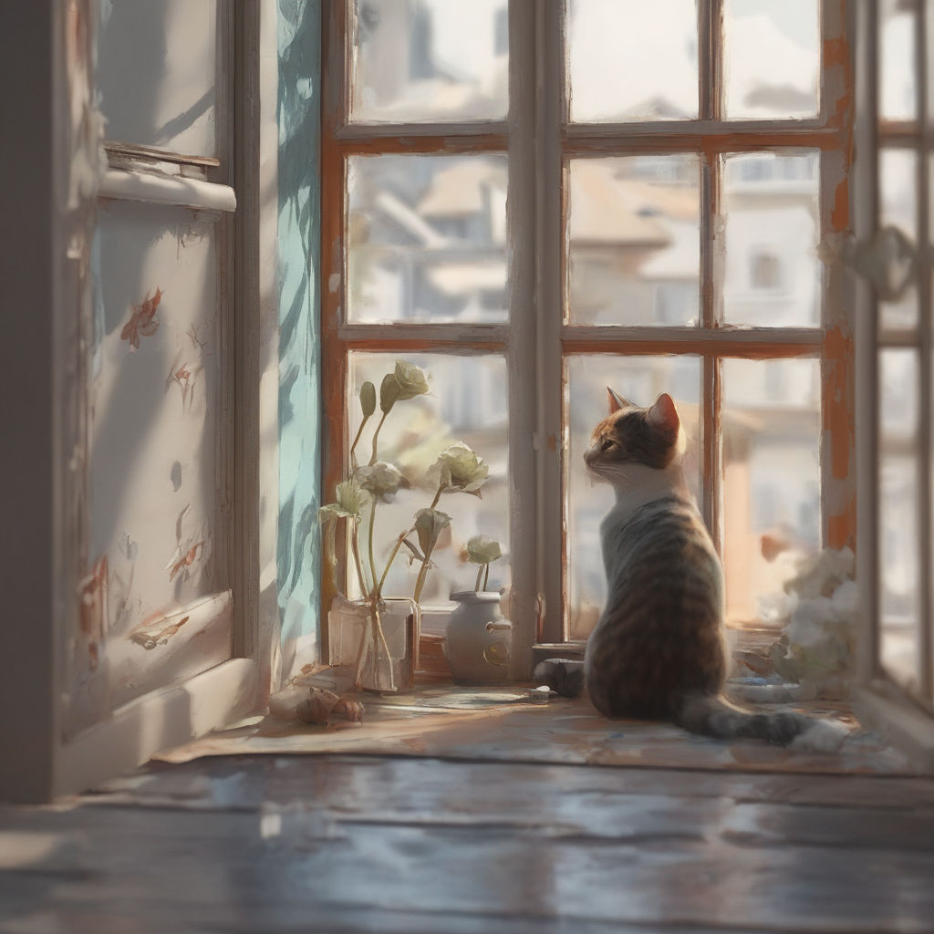 cat looking out window drawing