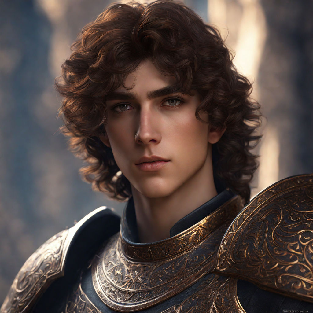 anime, fantasy medieval, boy, curly, chestnut brown hair, blue