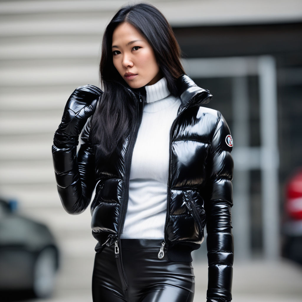 Dominant asian girl dressed in sleeveless cropped puffy vest and high waist black  leather leggings. Fingerless black leather gloves. Black combat boots. She  is holding a submachine gun. 1990's style. - Playground