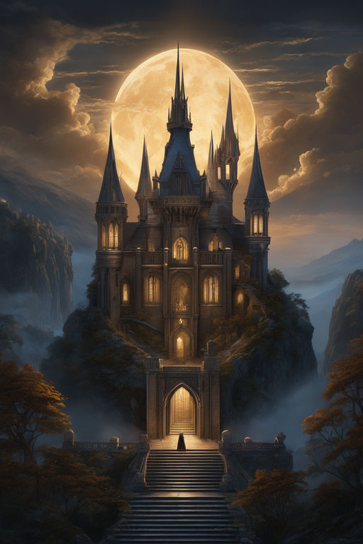 Night view of a mysterious castle with a vampire in the window