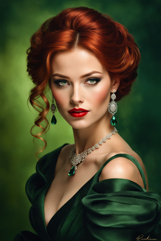 redheaded woman with full breasts in a tight cleavage bearing green dress.  She's got an extremely daring high slit on her dress. There's a glimpse of  her lace stockings and panties. 