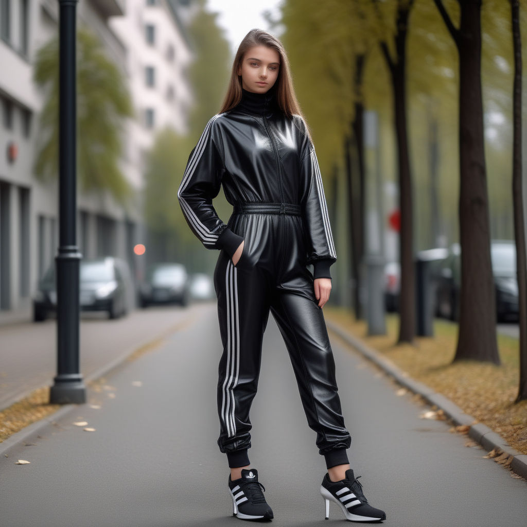 Sexy woman running through the city wearing adidas bra top adidas leggings  adidas sneakers - Playground
