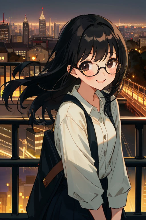 anime girl with black hair and glasses