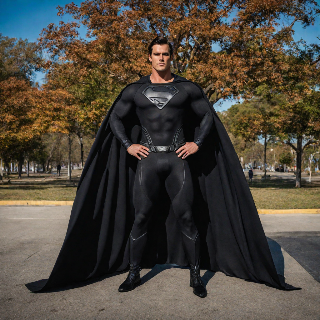 Superman dressed in jet-black spandex suit and latex cape