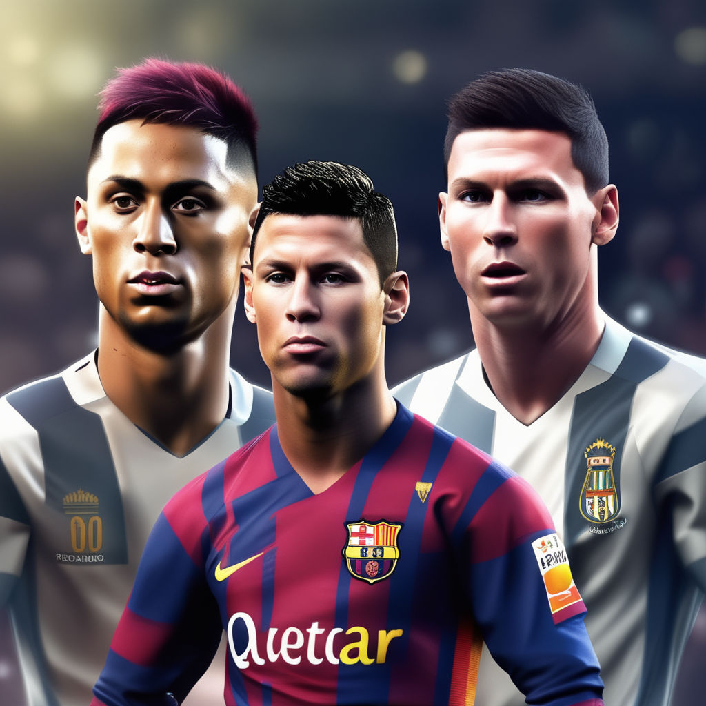 Draw a picture of Cristiano Ronaldo and Lionel Messi playing football Cristiano  Ronaldo in Real Madrid jersey and Lionel Messi in Barcelona jersey' -  Playground AI