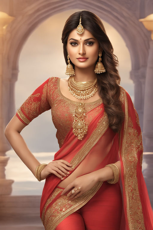 A full body portrait of a young slender woman wearing a red saree