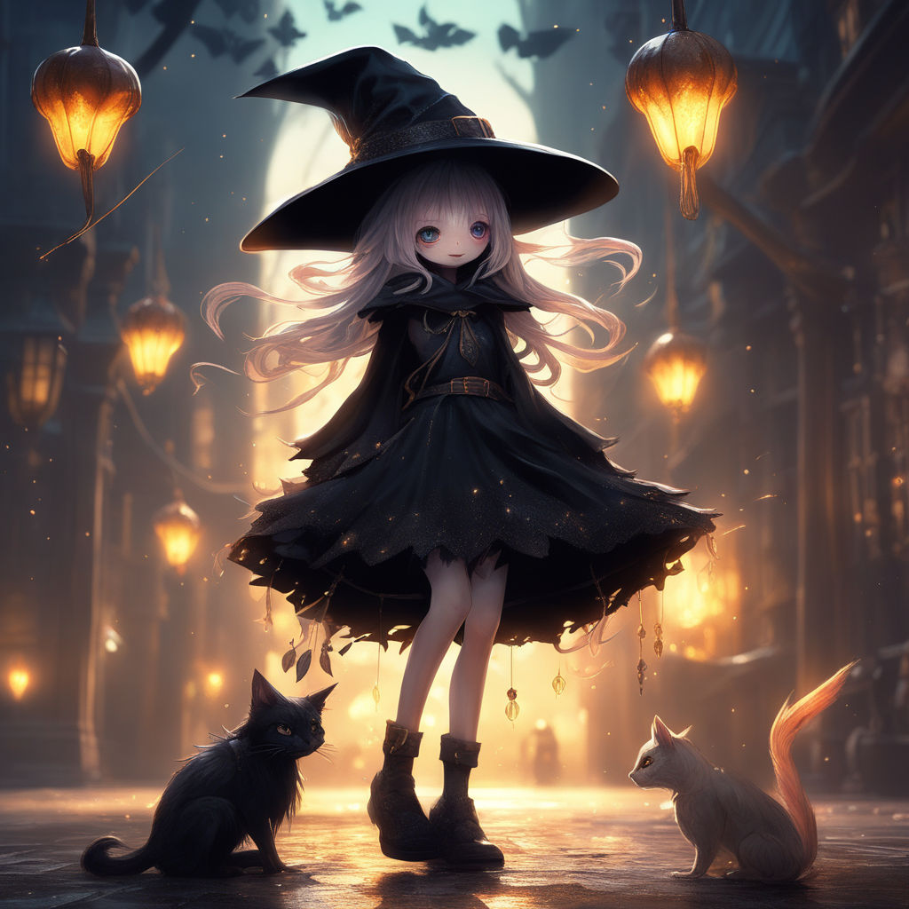 Anime Witch Girl on Magic Broomstick - Cute Cartoon Girl
