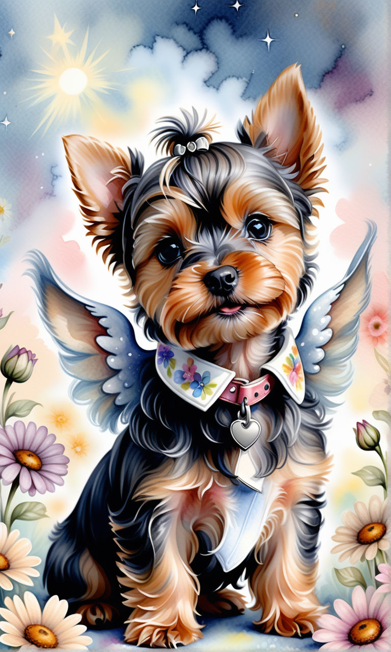 Prompt: High quality, 8K Ultra HD, watercolor painting, soft drawing, using pale warm colors, detailed illustration of a cute male Yorkshire terrier puppy, colorful flowers in pale tones on the background, high detail, the dog is a baby angel in the sky. He is wearing an Elvis collar