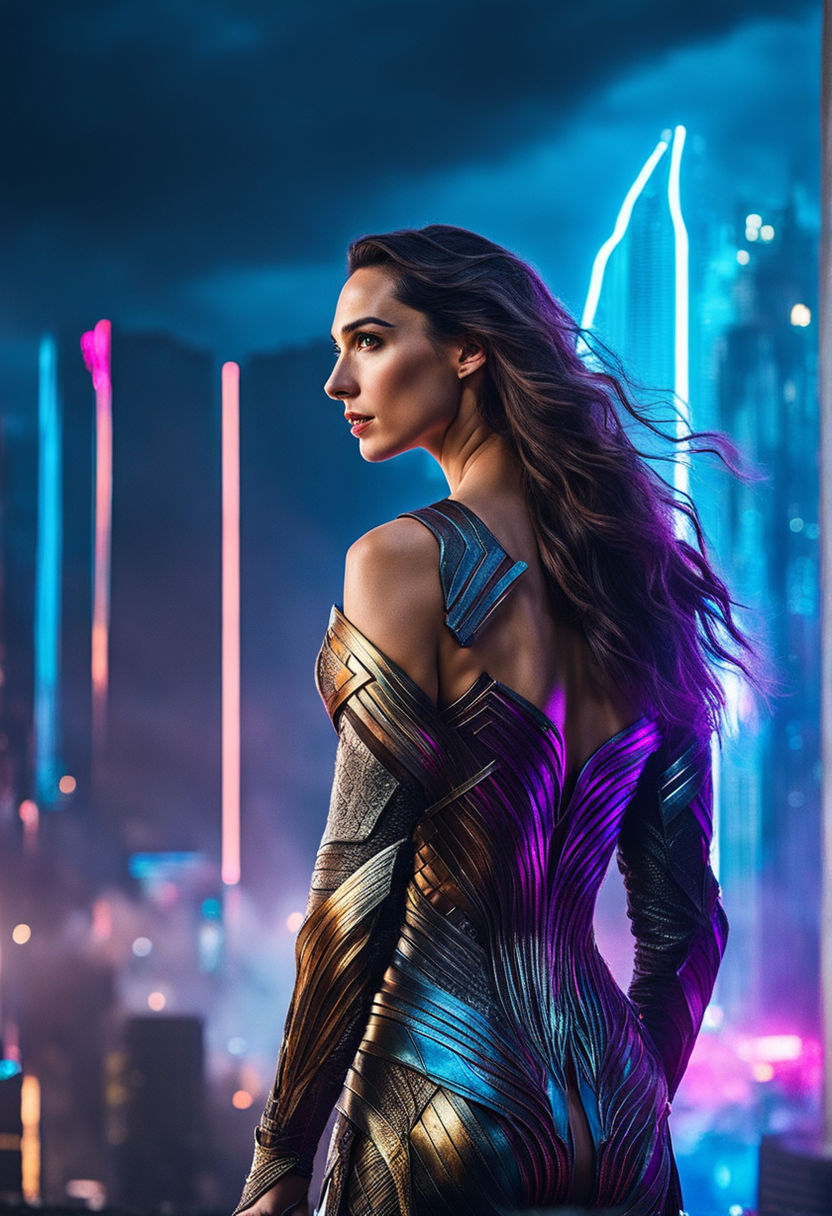 Prompt: Step into the world of cyberpunk fantasy with Gal Gadot as The Beauty, her long hair cascading down her back as she stands against a dark, moody sky. Her stunning hero dress, with its bright colors and intricate details, will leave you in awe. Bright color eyes, detailed face, caucasian breed, cyperpunk, full body, magic fantasy, wow effect, rubens style, cinematic, 4k, epic Steven Spielberg movie still, sharp focus, emitting diodes, smoke, artillery, sparks, racks, system unit, motherboard, by pascal blanche rutkowski repin artstation hyperrealism painting concept art of detailed character design matte painting, 4 k resolution blade runner