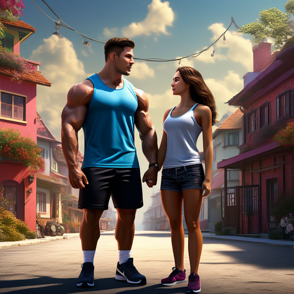 Photorealistic female/skinny male couple walking together. Huge muscle  girl. Muscular girlfriend. wearing t-shirt and jeans. Female bodybuilder.  Enormous bulging breasts. Massive breasts. Perfect full round breasts.  Massive muscles. Huge biceps. Smile 