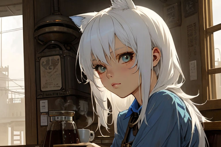 anime girl with white hair and cat ears