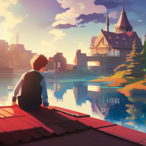 with a lavender and pink sky above. A gentle stream below reflects the  cat's silhouette. Render the scene in the detailed and emotive style of  anime artist Makoto Shinkai. - Playground