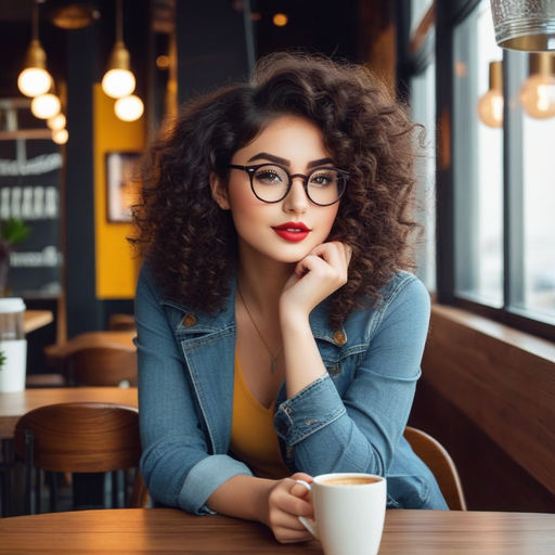 KREA - tall very slim 40 year old woman sitting, short brown shoulder  length curly hair , small breasts, small glasses, square jaw, slim face,  gentle wide smile, violet coloured t-shirt