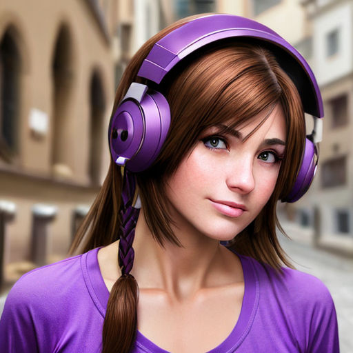 anime girl with headphones and purple hair