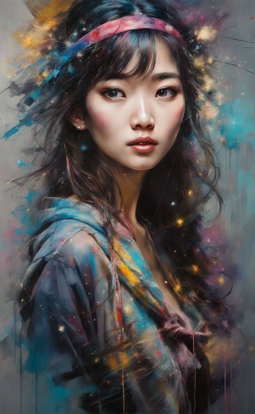 portrait of beautiful asian girl, digital art, highly