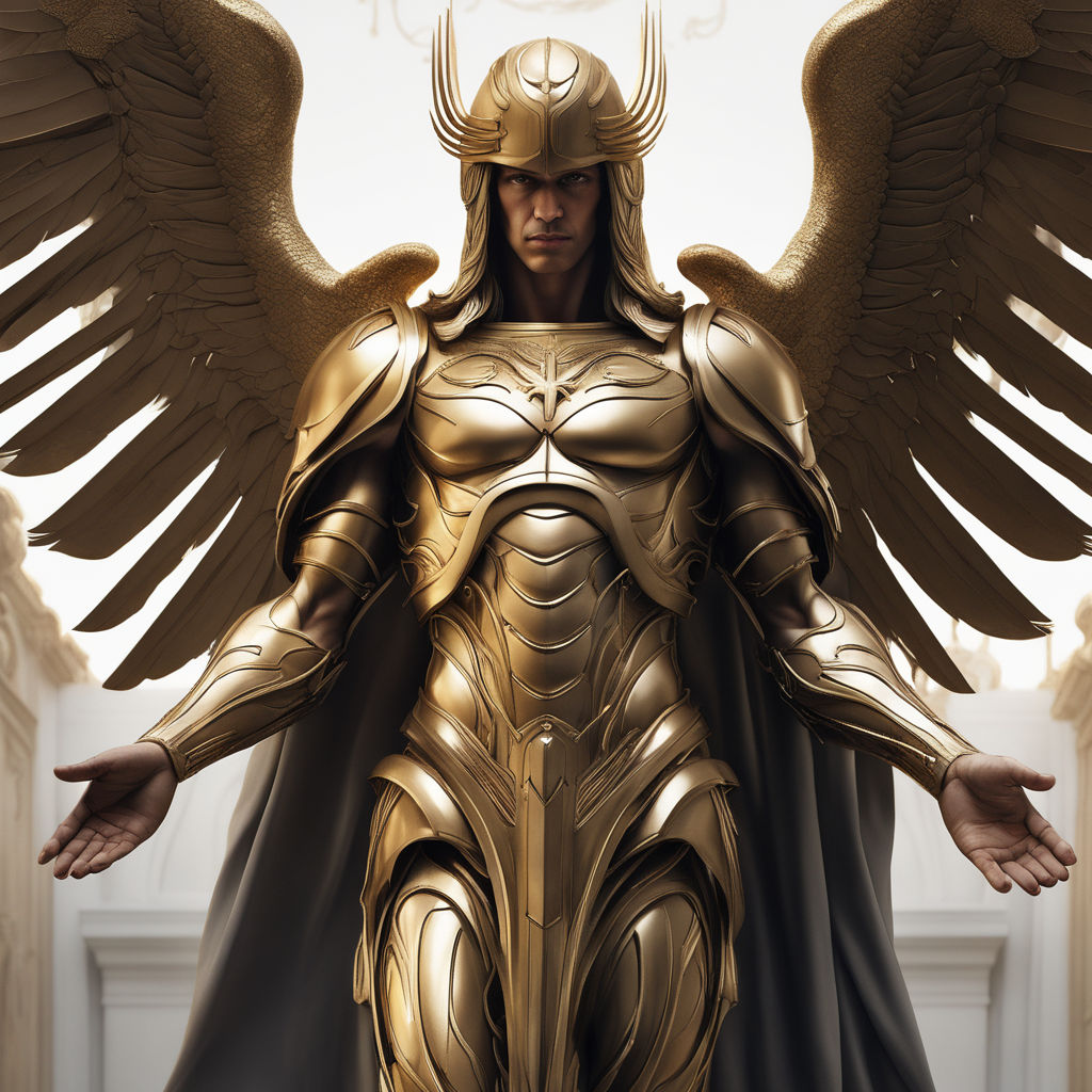 Archangel male character, fully armoured and using a delightful helmet, his  wings are made of pure divine energy, his armour features a white base and  golden metalic details and parts on Craiyon