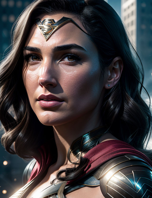 Prompt: Portrait of Gal Gadot  as Diana Prince in Batman vs. Superman, mature age, strong Make , Photorealistic, filigree, rim lighting, lights, magic, surreal, fantasy concept art, digital art, wlop, rossdraws and james jean, digital Art, perfect composition, beautiful detailed intricate insanely detailed octane render artstation, 8k artistic photography, photorealistic concept art, soft natural volumetric cinematic perfect light, chiaroscuro, masterpiece, oil on canvas, raphael, caravaggio, beeple, beksinski , Cinematic lighting, raking light, 8k, perfectly centered!! looking at the camera!!! low - angle!! full body portrait, atmospharic mood with light impressions, Impressionism paint, elegant, mythical, ethereal, intricate, elaborate, hyperrealism, hyper detailed, strong expressiveness and emotionality, by ayami kojima, tom bagshaw, yanjun cheng, artgerm, wlop, krenz cushart, gweiz, Thomas Kinkade, Gerald Brom