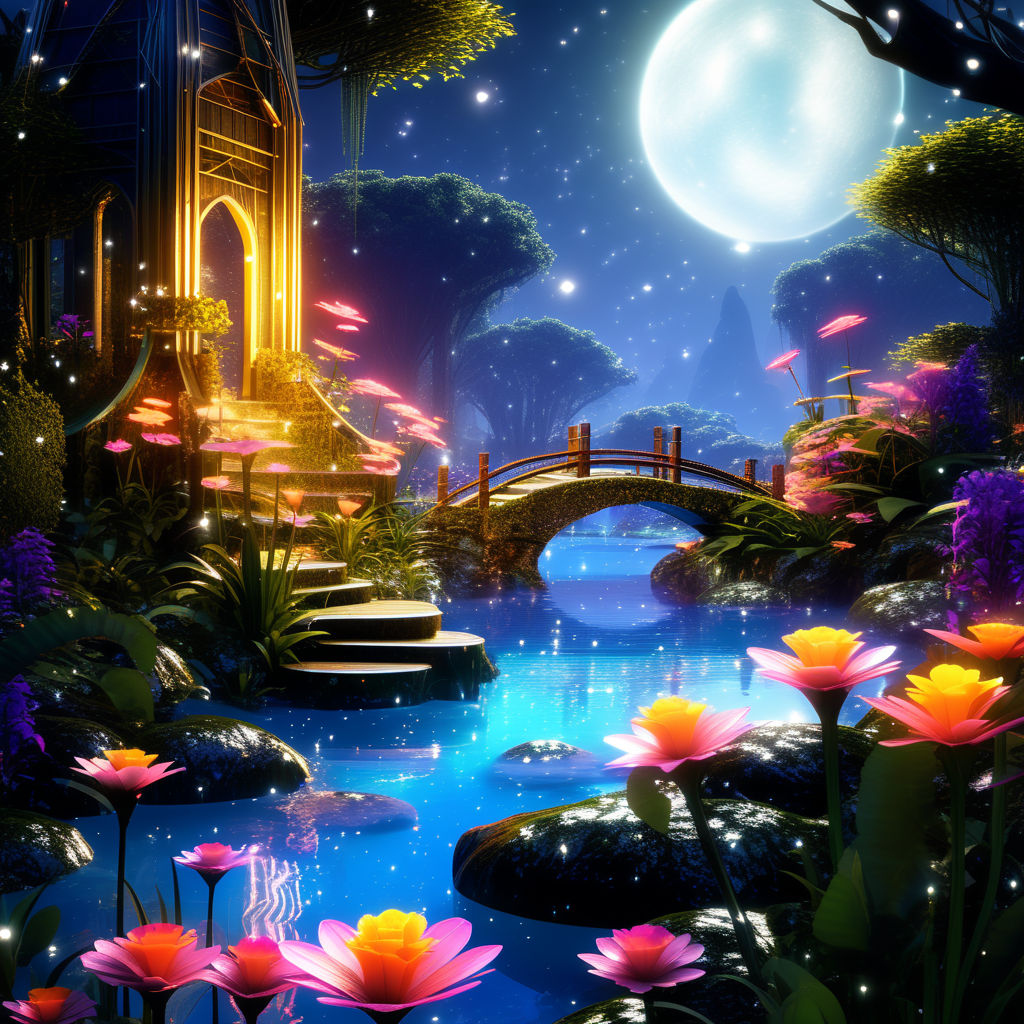 A mystical forest with blue fireflies, glowing flower beds in late