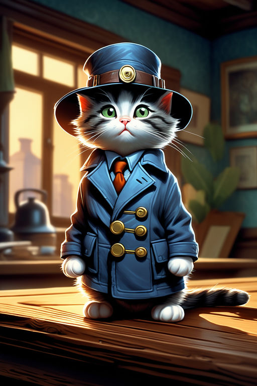 Premium AI Image  A cat wearing a trench coat sits at a table