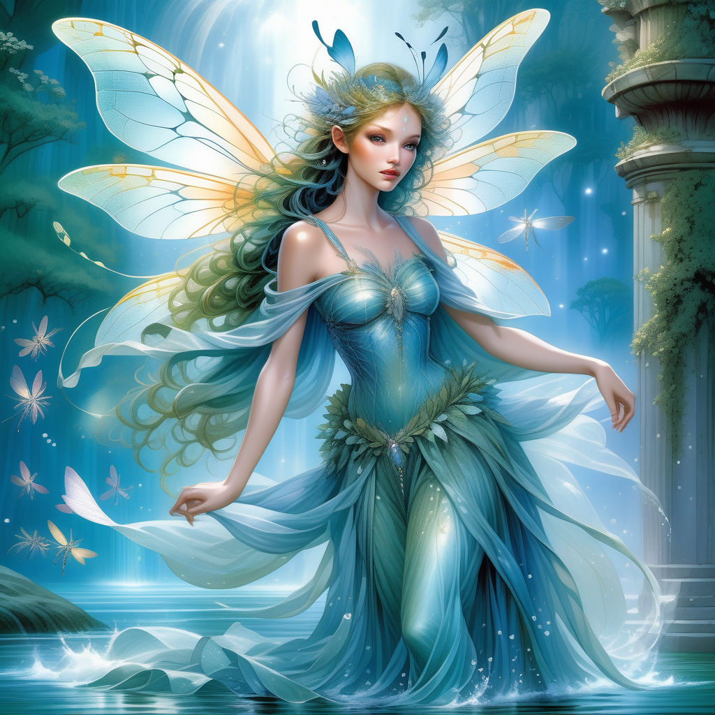 water elemental fairy portrait, fantasy aqua fairy,glittery,by