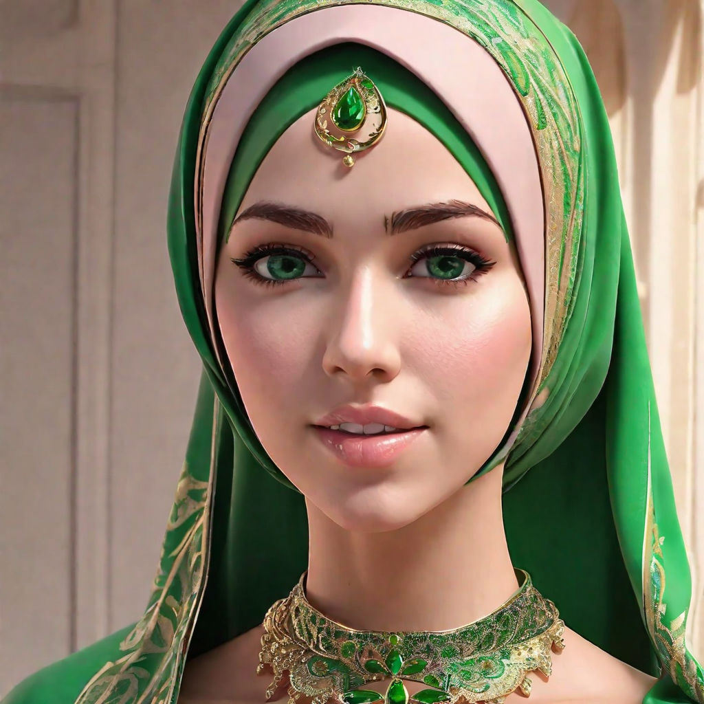 Girl,jojo bizare style,blue eyes, smile, green headscarf muslim