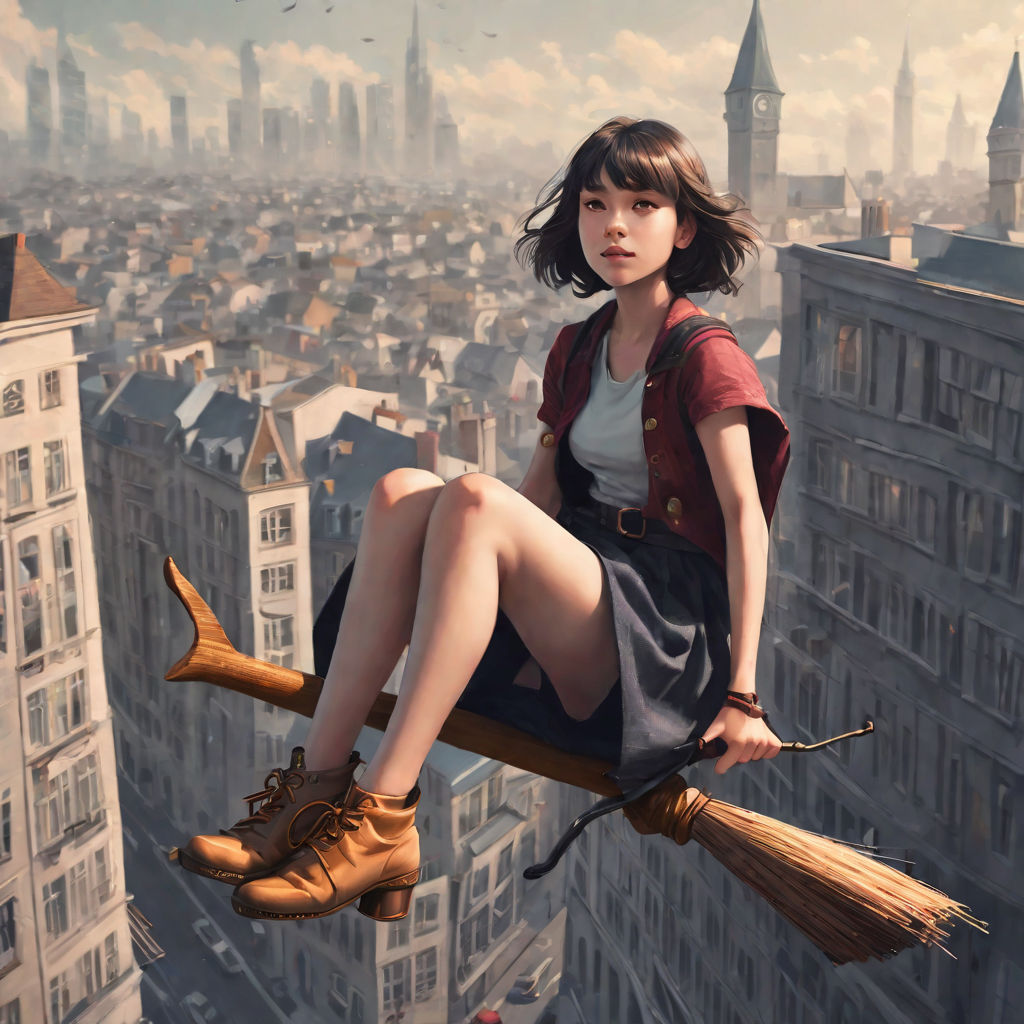 A girl flying on a broomstick through a rainy sky, anime graphic novel style