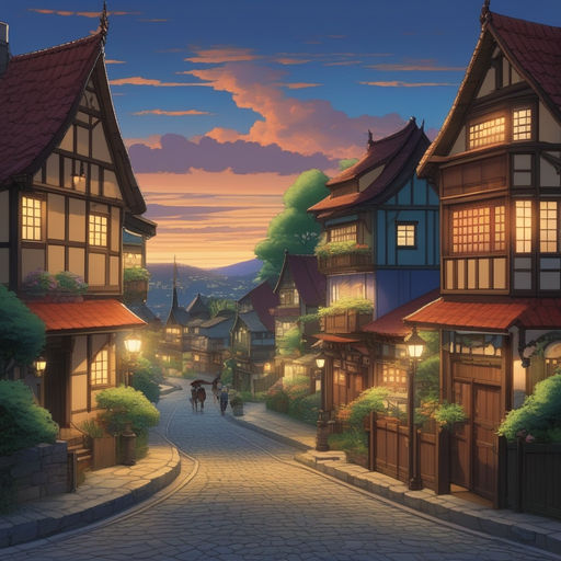 Premium Photo | Anime village with a path and a path leading to a small  village generative ai