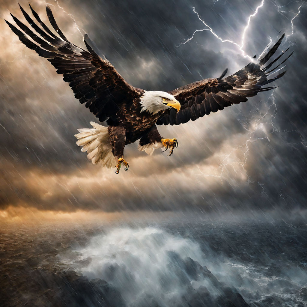 An image of a determined bird soaring through stormy clouds toward