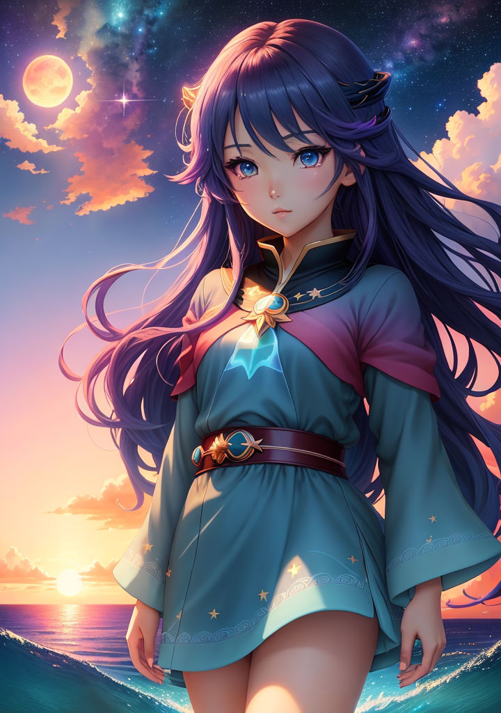 female character anime girl cute face body long hair blue eyes purple  background - Playground