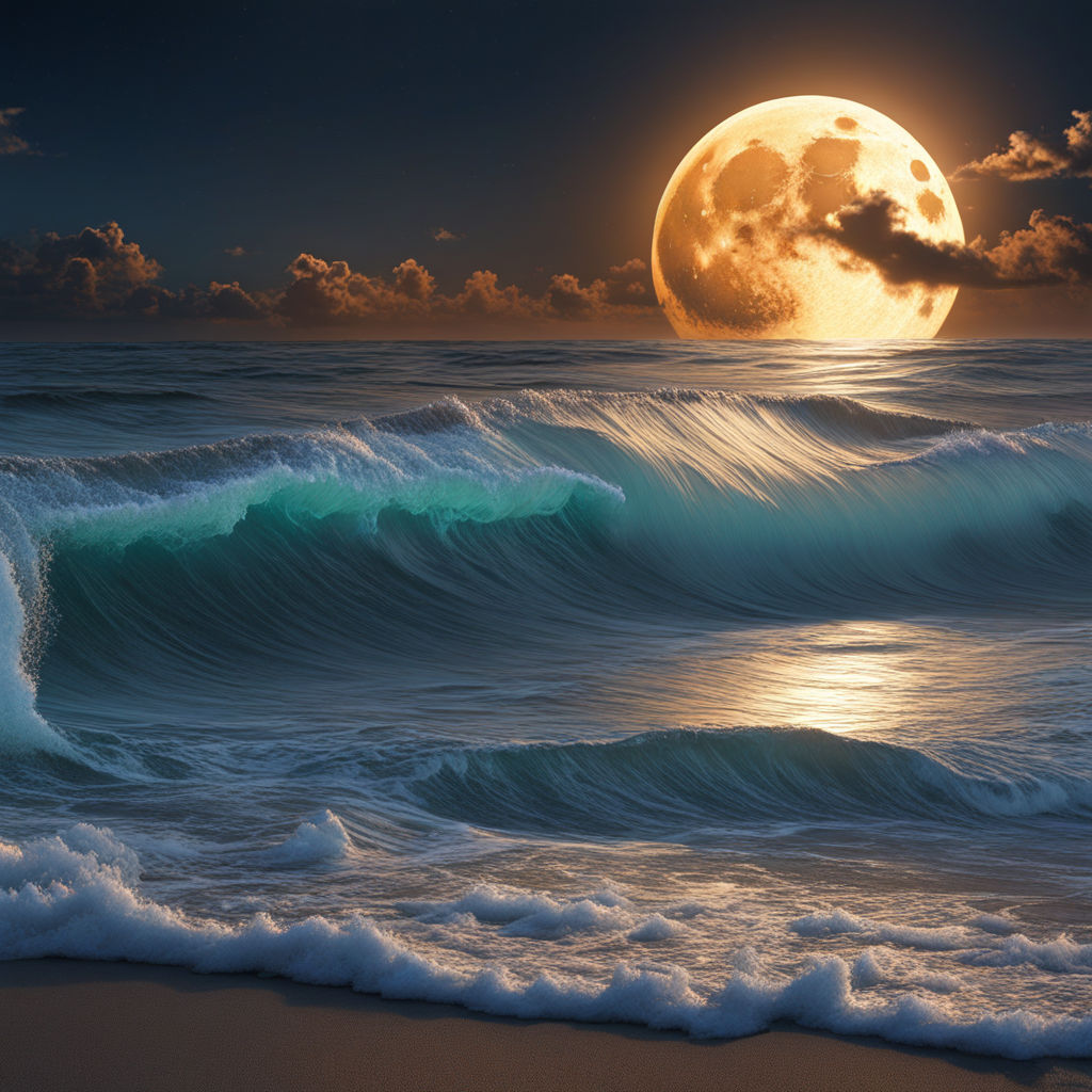 Prompt: waves on a beach  full moon , ultra hd, realistic, vivid colors, highly detailed, UHD drawing, pen and ink, perfect composition, beautiful detailed intricate insanely detailed octane render trending on artstation, 8k artistic photography, photorealistic concept art, soft natural volumetric cinematic perfect light