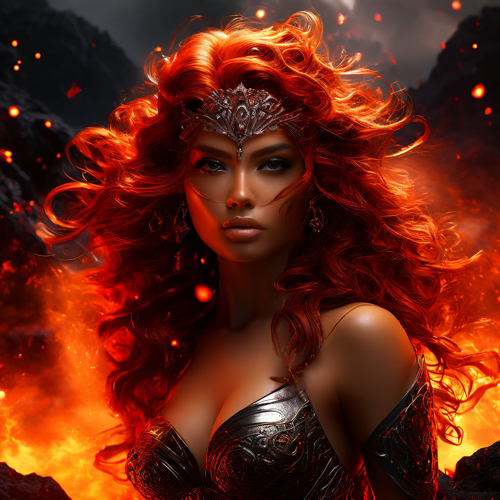 Digital art of a ghostly volcanic lava girl. Beautiful and perfect fire  eyes. Background with a lot of smoke around. High definition - Playground